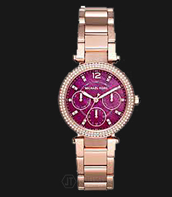  Shop Authentic Michael Kors Mini Parker Multi-Function Plum Mother of Pearl Dial Rose Gold Steel Strap Watch For Women - MK6403 - Luxxuri