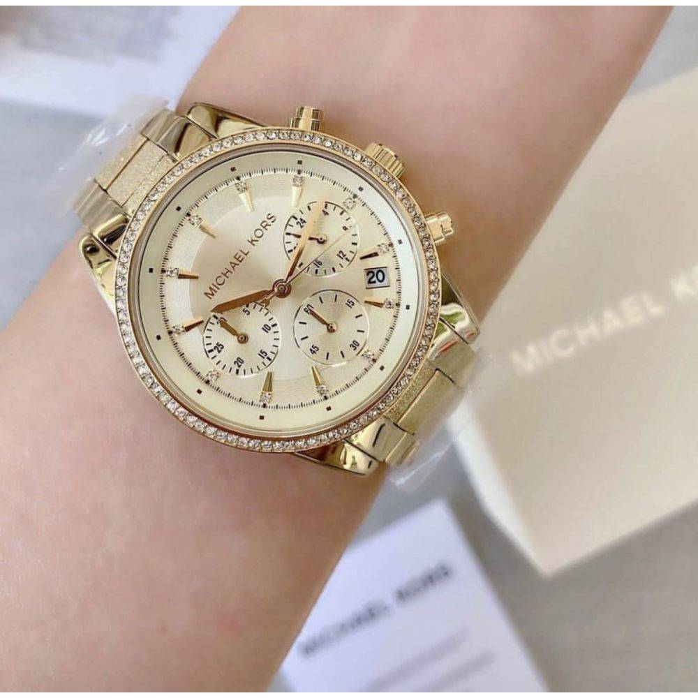  Shop Authentic Michael Kors Ritz Chronograph Gold Dial Gold Steel Strap Watch For Women - MK6597 - Luxxuri