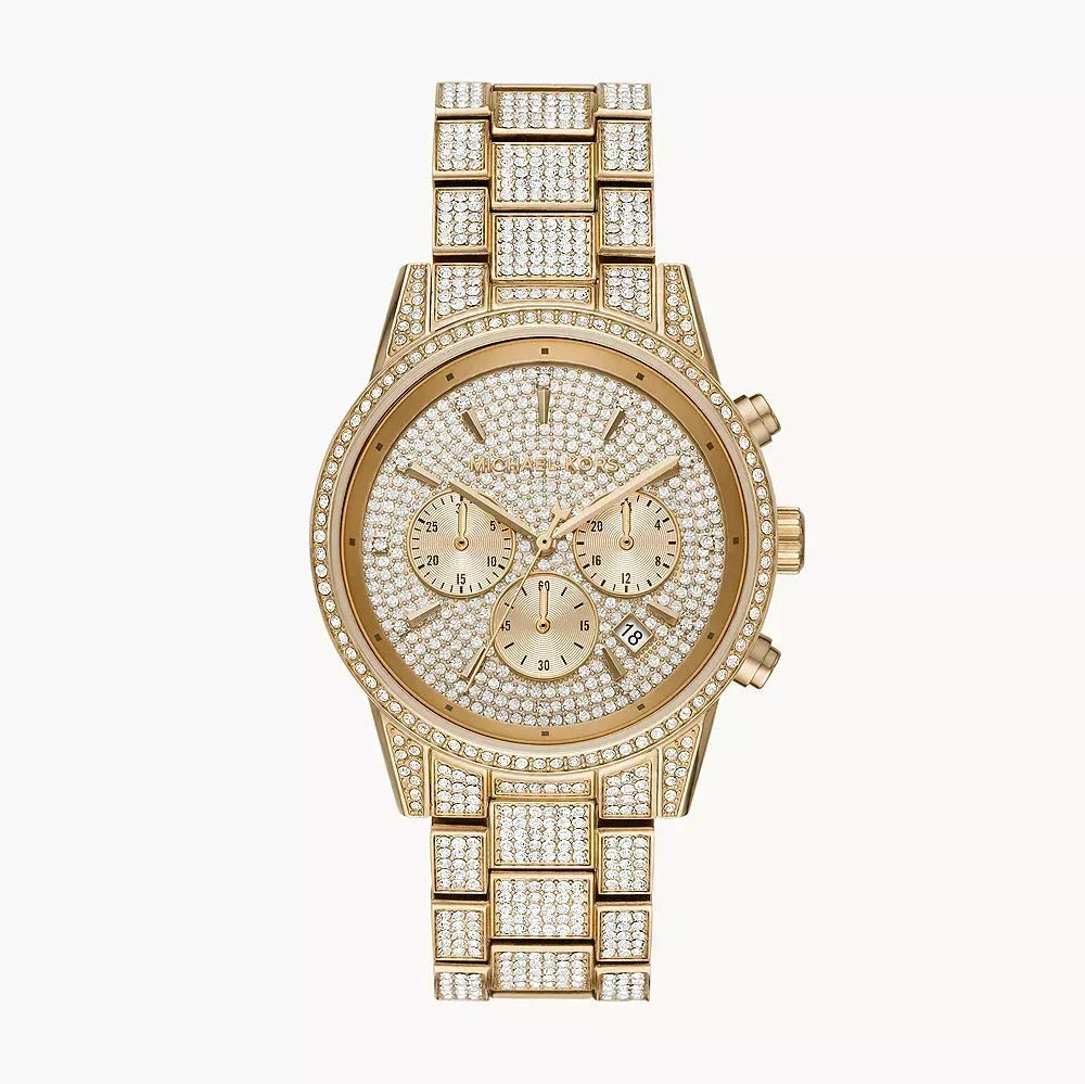  Shop Authentic Michael Kors Ritz Three-Hand Glitz Crystals Gold Dial Gold Steel Strap Watch for Women - MK6747 - Luxxuri