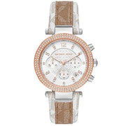  Shop Authentic Michael Kors Parker Chronograph White Dial Two Tone Leather Strap Watch For Women - MK6950 - Luxxuri
