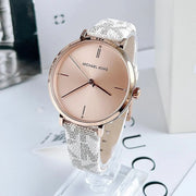  Shop Authentic Michael Kors Jayne Three Hand Rose Gold Dial White Leather Strap Watch For Women - MK7128 - Luxxuri