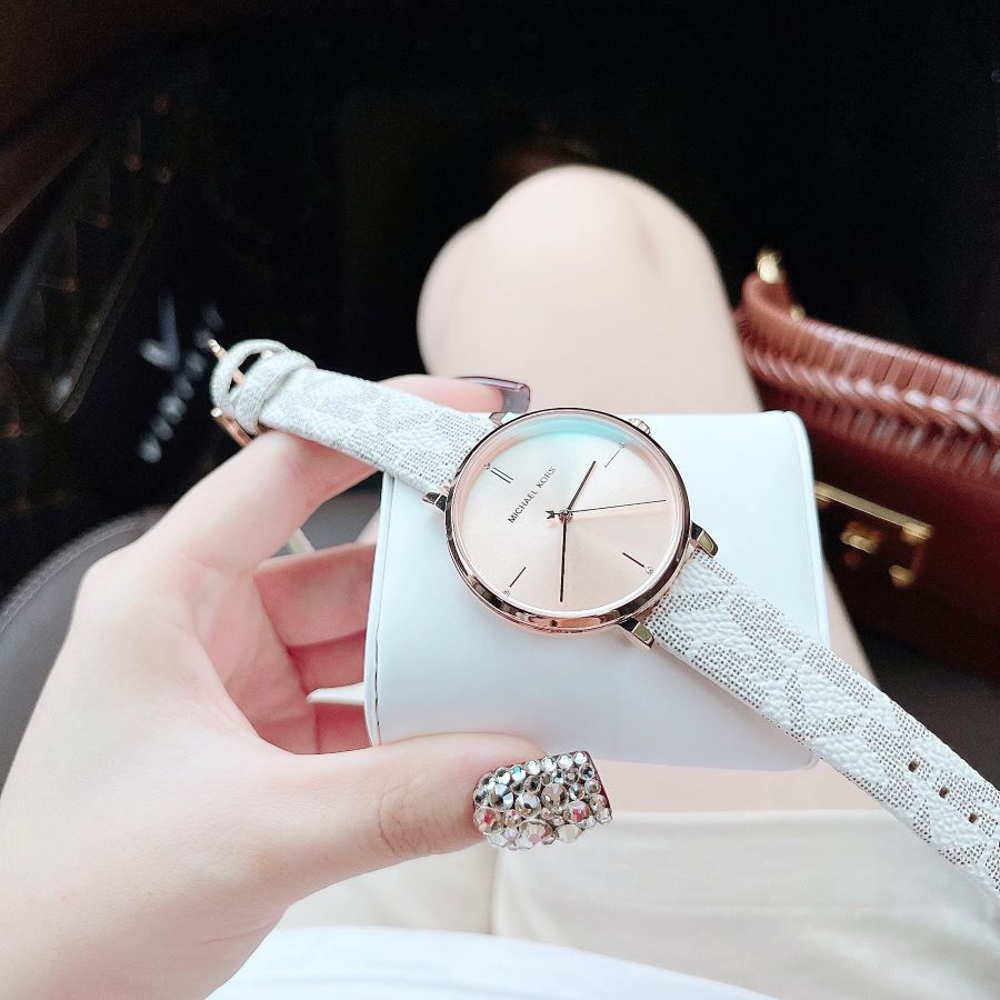  Shop Authentic Michael Kors Jayne Three Hand Rose Gold Dial White Leather Strap Watch For Women - MK7128 - Luxxuri