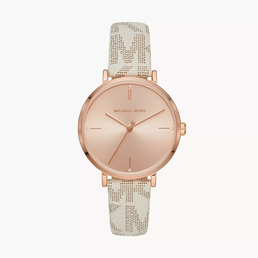  Shop Authentic Michael Kors Jayne Three Hand Rose Gold Dial White Leather Strap Watch For Women - MK7128 - Luxxuri