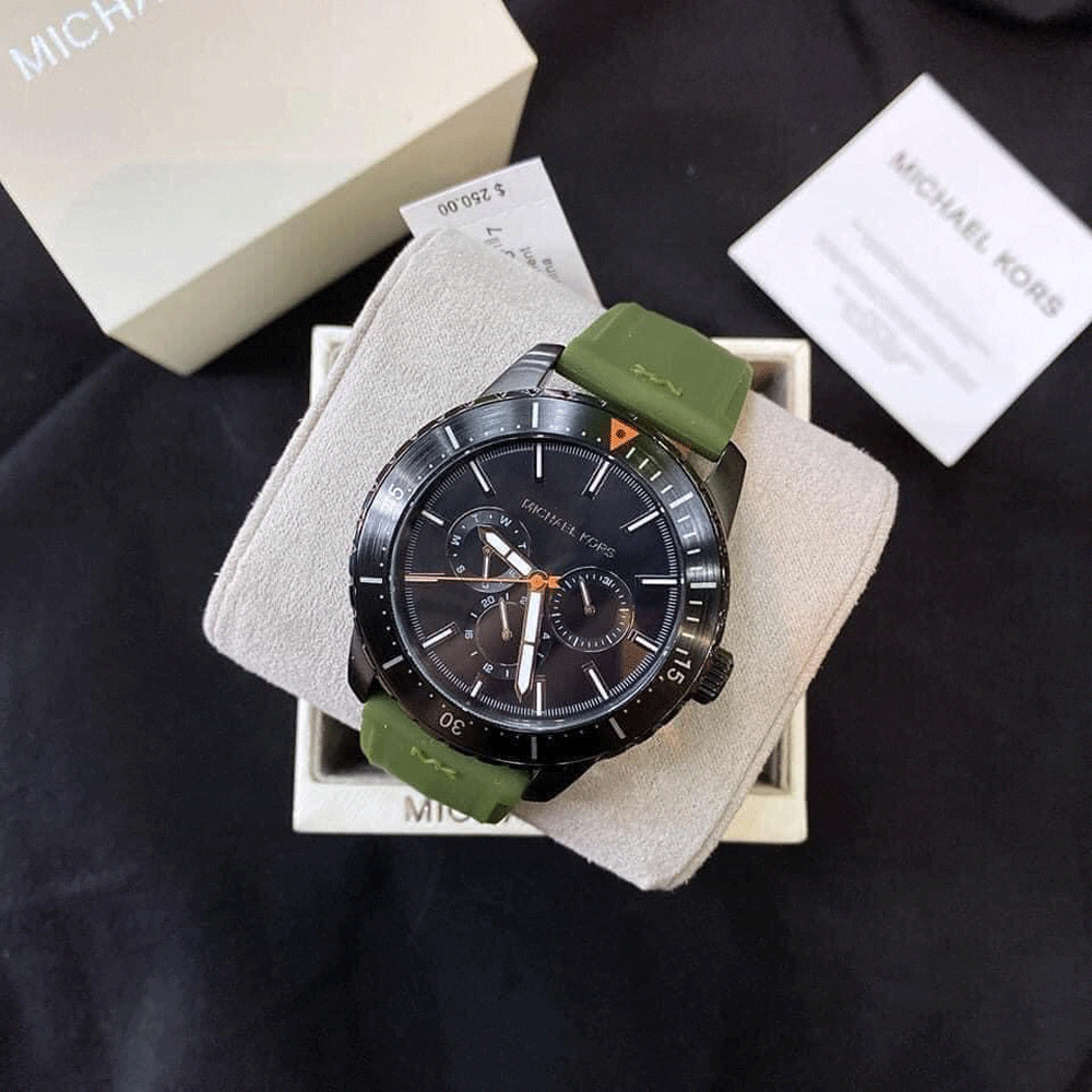  Shop Authentic Michael Kors Cunningham Chronograph Black Dial Green Rubber Strap Watch For Men - MK7165 - Luxxuri