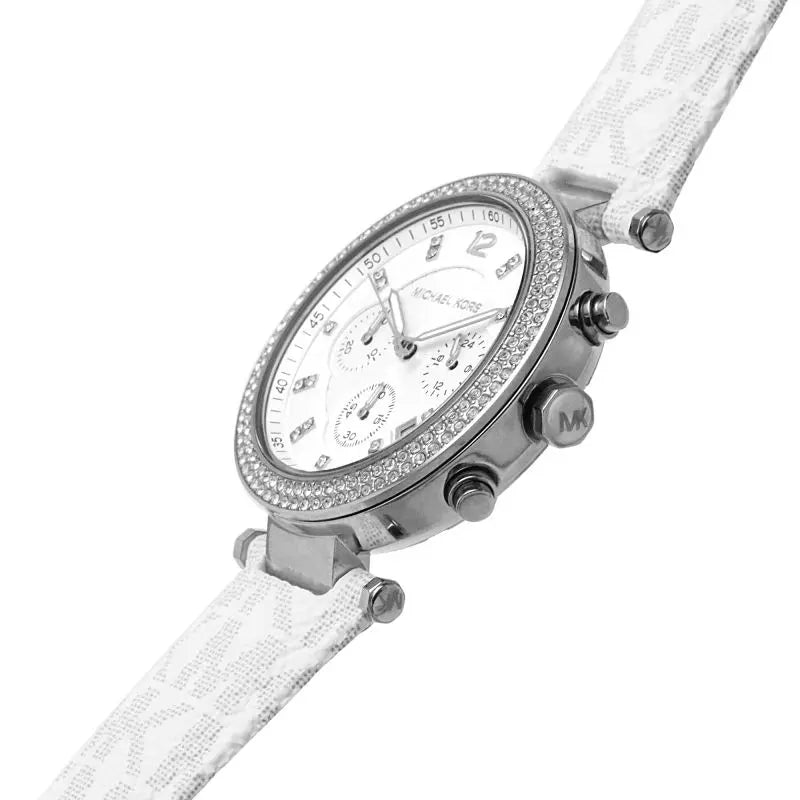  Shop Authentic Michael Kors Parker Chronograph White Dial White Leather Strap Watch For Women - MK7226 - Luxxuri