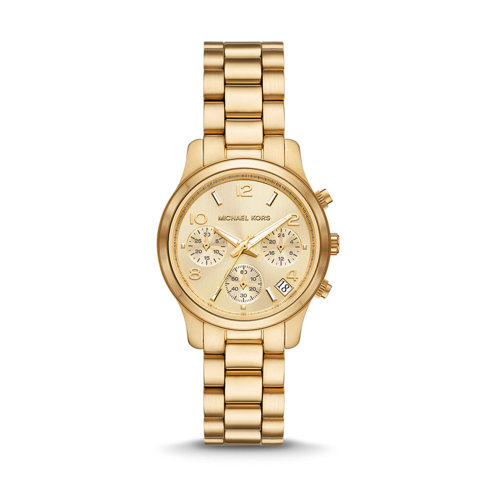  Shop Authentic Michael Kors Runway Chronograph Gold Dial Gold Steel Strap Watch For Women - MK7326 - Luxxuri