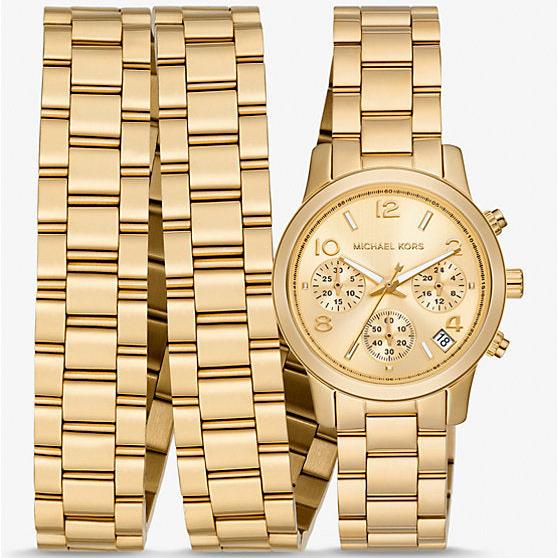  Shop Authentic Michael Kors Runway 18K Gold-Plated Triple Wrap Gold Dial Gold Steel Strap Watch for Women - MK7450 - Luxxuri