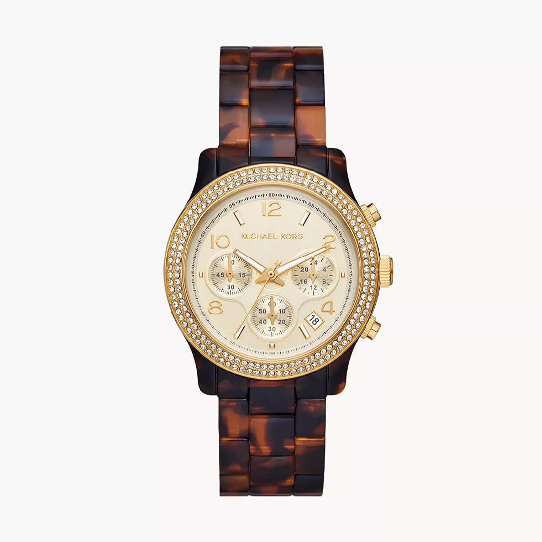  Shop Authentic Michael Kors Runway Chronograph Gold Dial Brown Acetate Strap Watch for Women - MK7475 - Luxxuri