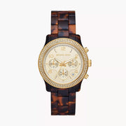 Shop Authentic Michael Kors Runway Chronograph Gold Dial Brown Acetate Strap Watch for Women - MK7475 - Luxxuri