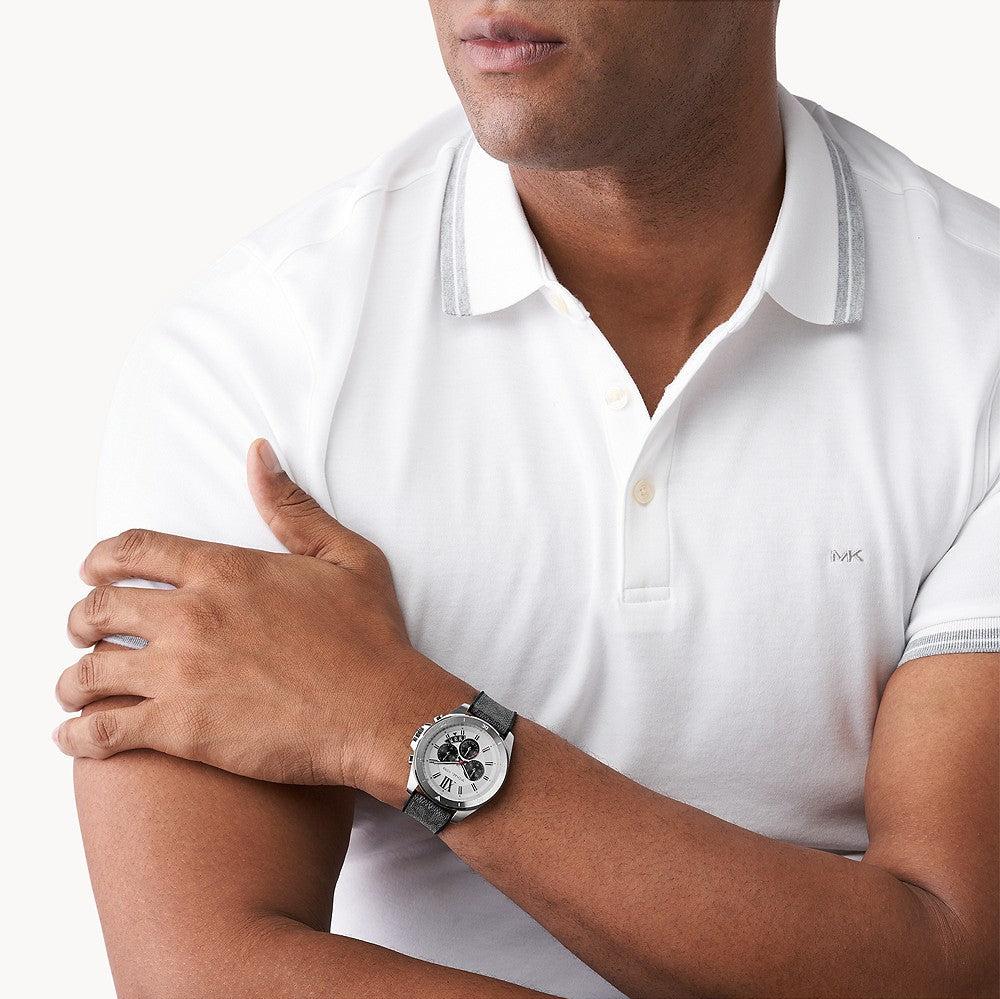  Shop Authentic Michael Kors Brecken Chronograph Silver Dial Grey Leather Strap Watch For Men - MK8922 - Luxxuri