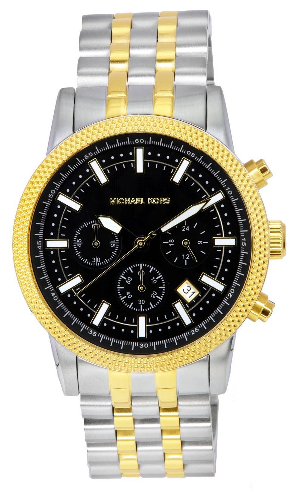  Shop Authentic Michael Kors Hutton Chronograph Black Dial Two Tone Steel Strap Watch For Men - MK8954 - Luxxuri
