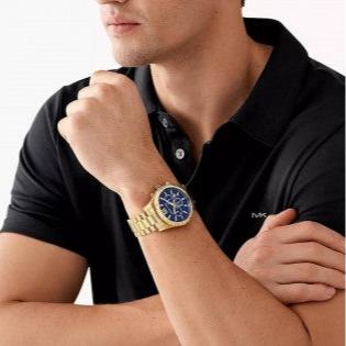  Shop Authentic Michael Kors Lexington Chronograph Blue Dial Gold Steel Strap Watch for Men - MK9153 - Luxxuri