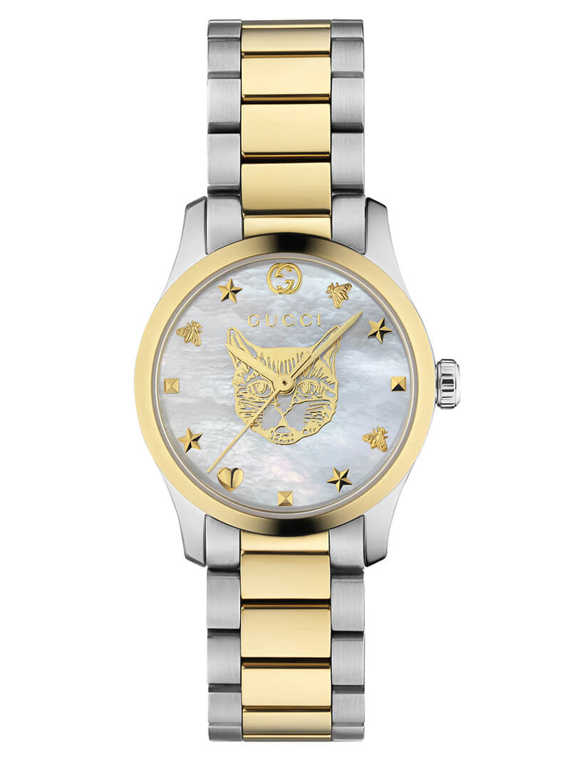  Shop Authentic Gucci G Timeless Quartz Mother of Pearl Dial Two Tone Steel Strap Watch For Women - YA1265012 - Luxxuri