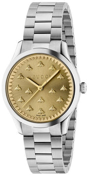  Shop Authentic Gucci G Timeless Quartz Gold Dial Silver Steel Strap Watch for Women - YA1265035 - Luxxuri