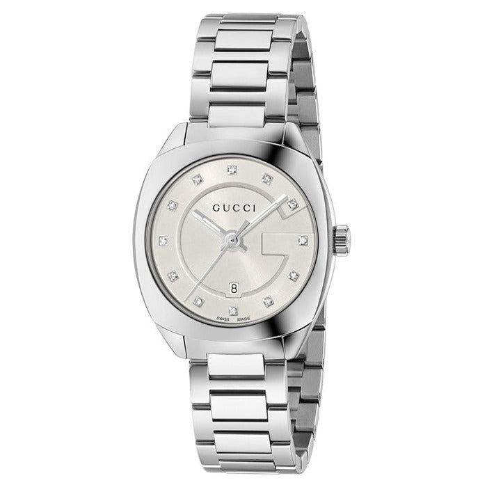  Shop Authentic Gucci G Frame Quartz Diamonds Silver Dial Silver Steel Strap Watch For Women - YA142504 - Luxxuri