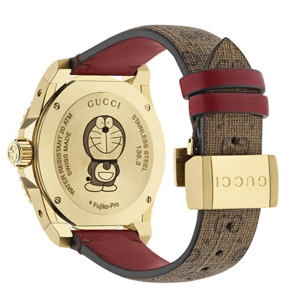  Shop Authentic Gucci Dive Doraemon Quartz Brown Dial Brown Leather Strap Watch For Men - YA136335 - Luxxuri