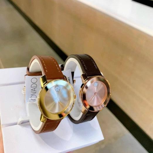  Shop Authentic Movado Bold Gold Dial Brown Leather Strap Watch for Women - 3600437 - Luxxuri