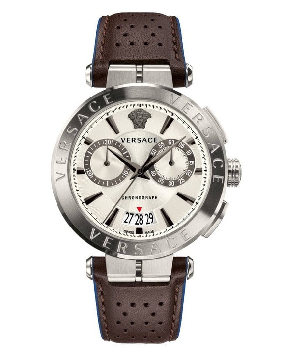  Shop Authentic Versace Aion Chronograph White Dial Brown Leather Strap Watch for Men - VBR010017 - Luxxuri