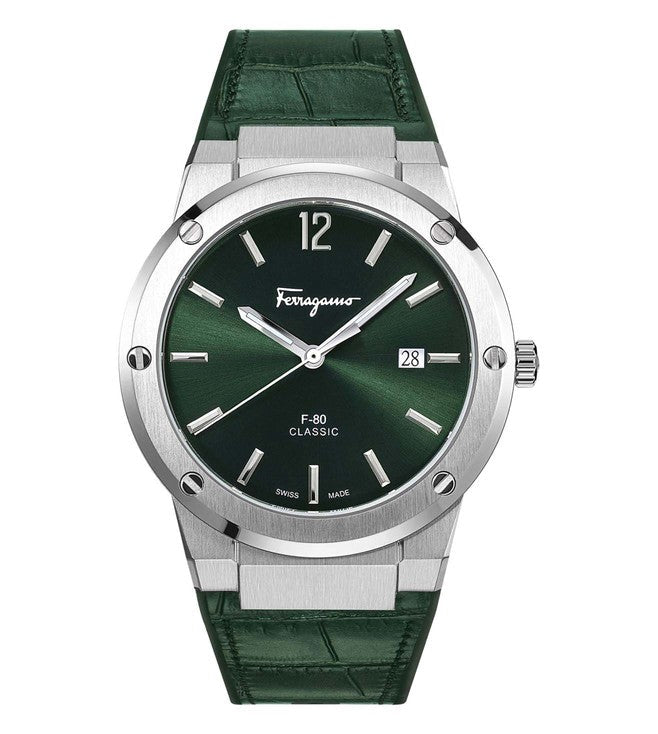  Shop Authentic Salvatore Ferragamo F-80 Classic Green Dial Green Leather Strap Watch for Men - SFDT00119 - Luxxuri