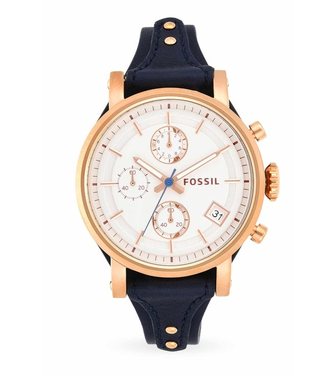  Shop Authentic Fossil Original Boyfriend Chronograph White Dial Navy Blue Leather Strap Watch for Women - ES3838 - Luxxuri
