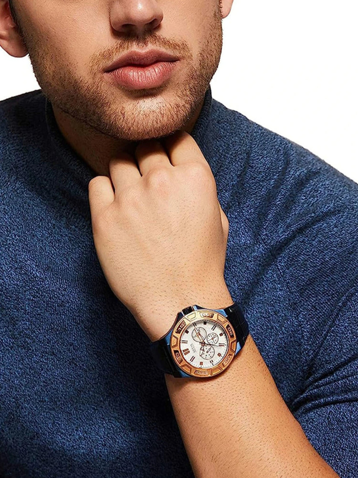  Shop Authentic Guess Force Multi Function White Dial Blue Leather Strap Watch For Men - W0674G7 - Luxxuri