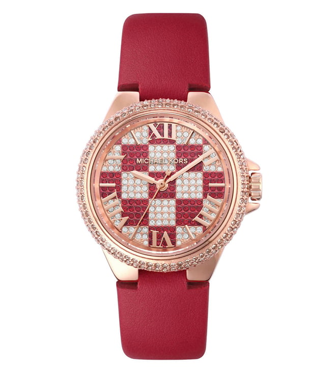  Shop Authentic Michael Kors Camille Three Hand Crystals Rose Gold Dial Red Leather Strap Watch For Women - MK4701 - Luxxuri