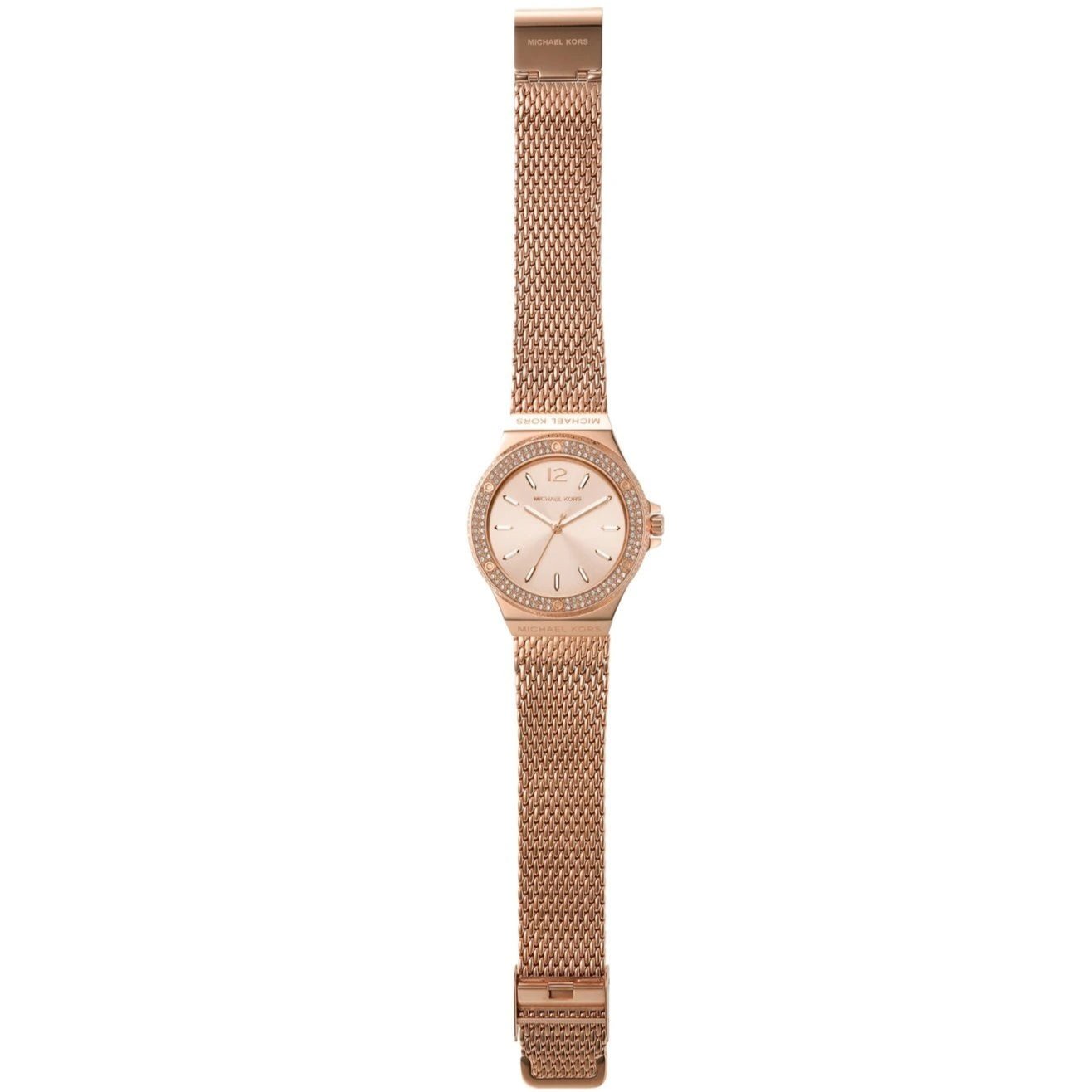  Shop Authentic Michael Kors Lennox Three Hand Rose Gold Dial Rose Gold Mesh Strap Watch For Women - MK7336 - Luxxuri