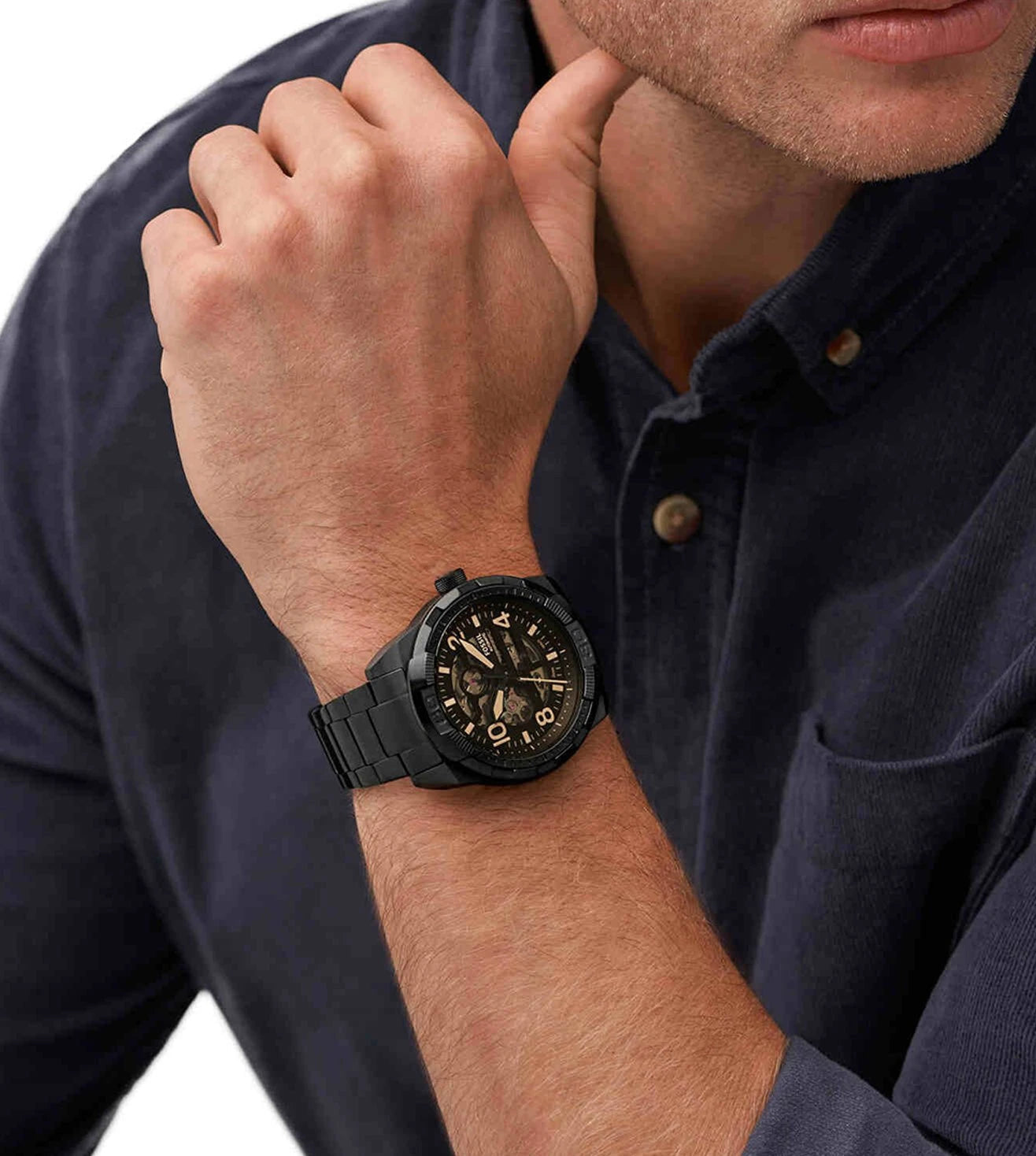  Shop Authentic Fossil Bronson Automatic Skeleton Black Dial Black Steel Strap Watch for Men - ME3256 - Luxxuri