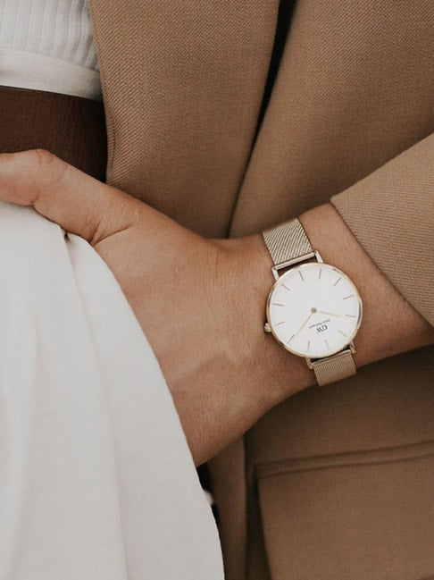  Shop Authentic Daniel Wellington Classic Petite White Dial Gold Mesh Bracelet Watch For Women - DW00100348 - Luxxuri