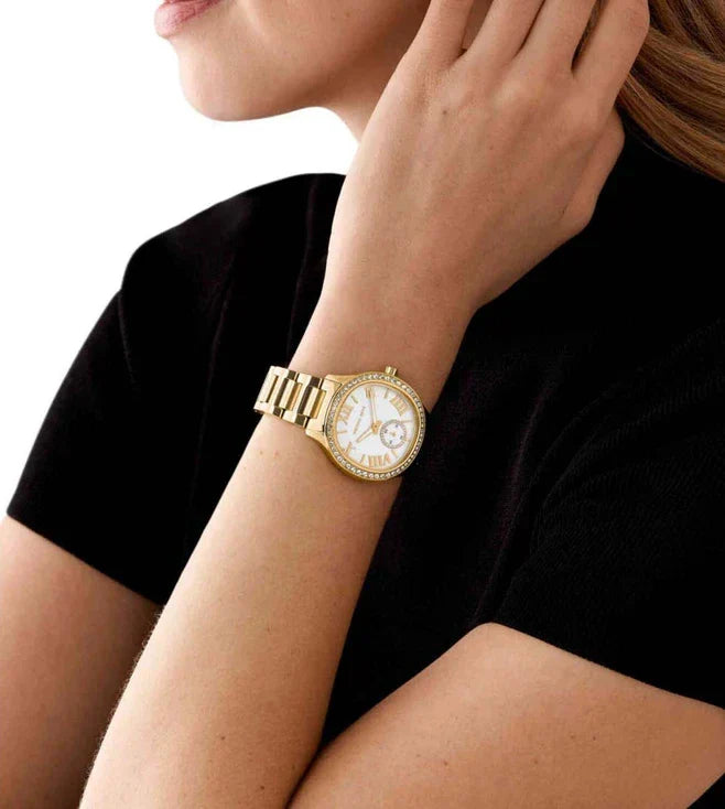  Shop Authentic Michael Kors Sage Three-Hand Mother of Pearl White Dial Gold Steel Strap Watch for Women - MK4805 - Luxxuri