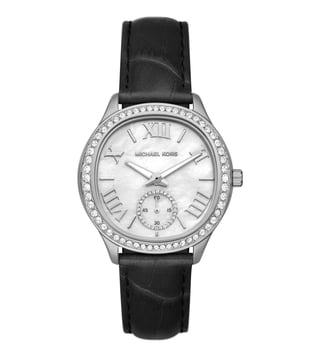  Shop Authentic Michael Kors Sage Three-Hand Mother of Pearl White Dial Black Leather Strap Watch for Women - MK4821 - Luxxuri