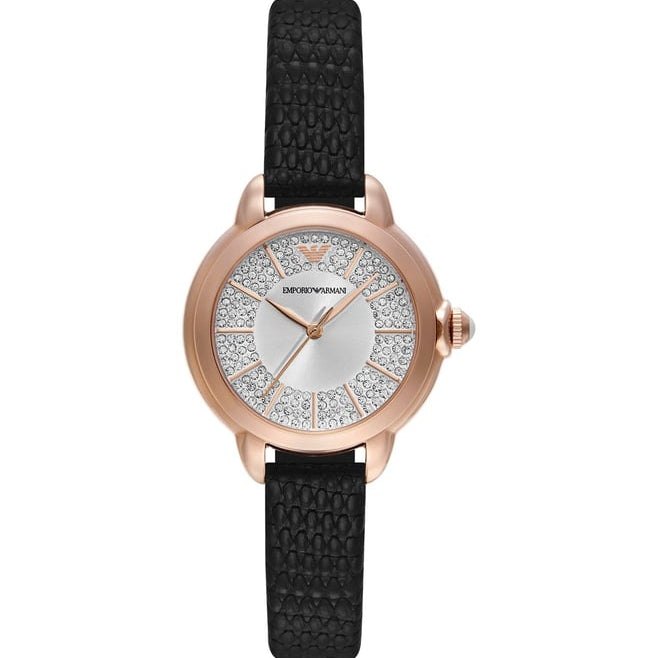  Shop Authentic Emporio Armani Mia Three Hand Crystals Silver Dial Black Leather Strap Watch For Women - AR11631 - Luxxuri