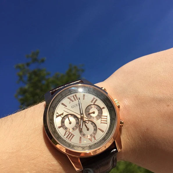  Shop Authentic Guess Horizon Quartz Champagne Dial Brown Leather Strap Watch For Women - W0380G4 - Luxxuri