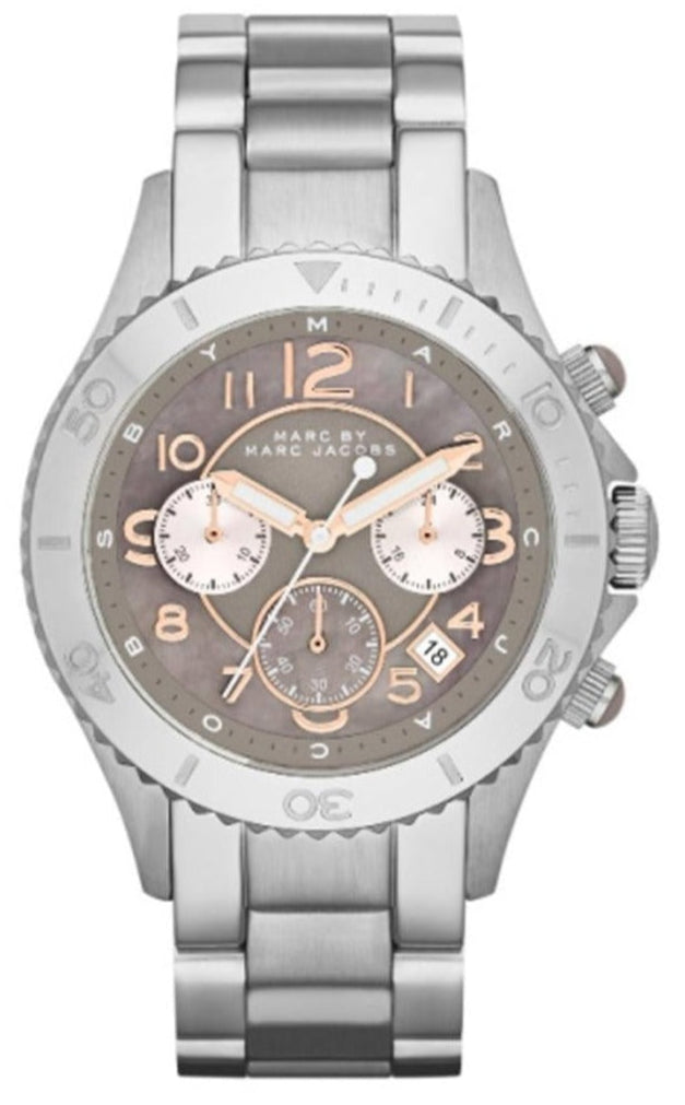  Shop Authentic Marc Jacobs Rock Chronograph Mother of Pearl Grey Dial Silver Steel Strap Watch for Women - MBM3250 - Luxxuri
