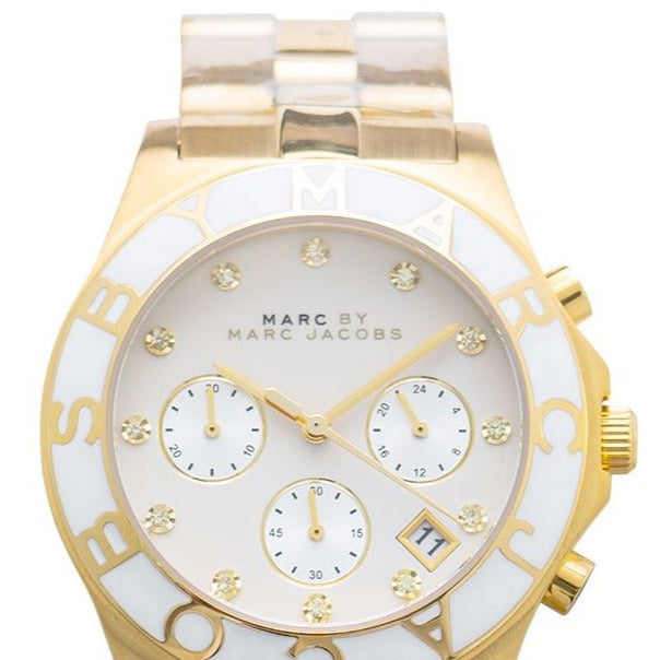  Shop Authentic Marc Jacobs Blade Chronograph White Dial Gold Steel Strap Watch for Women - MBM3081 - Luxxuri