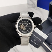  Shop Authentic Maserati Stile Skeleton Automatic Black Dial Silver Steel Strap Watch For Men - R8823142002 - Luxxuri