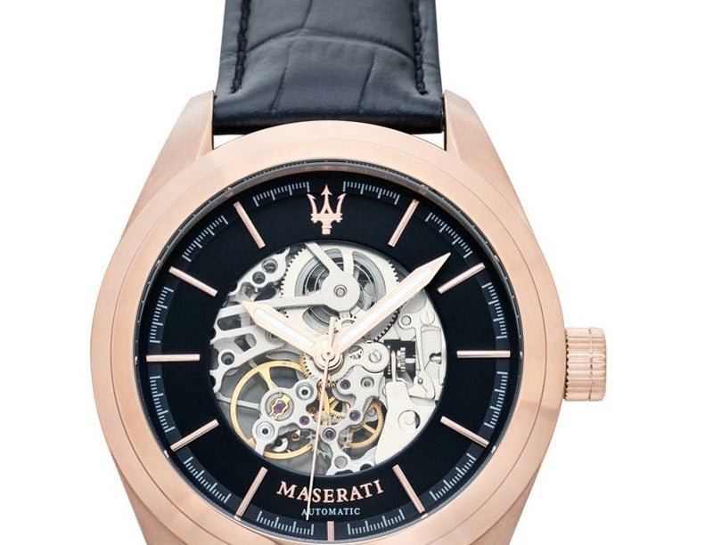  Shop Authentic Maserati Traguardo Automatic Black Skeleton Dial Black Leather Strap Watch For Men - R8821112001 - Luxxuri