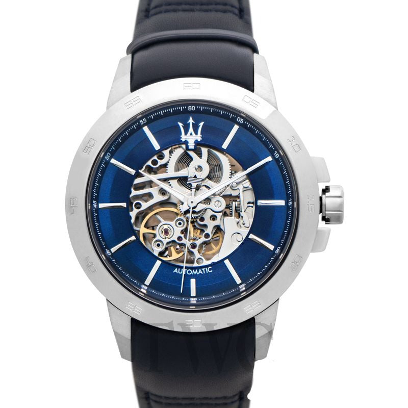  Shop Authentic Maserati Ingegno Automatic Blue Skeleton Dial Black Leather Strap Watch For Men - R8821119004 - Luxxuri