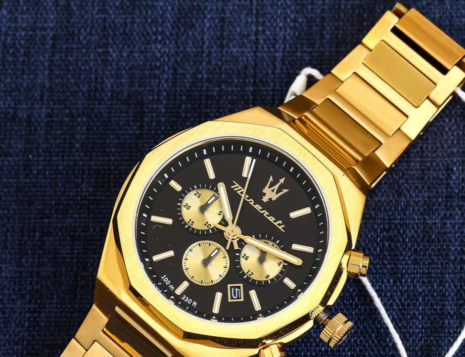  Shop Authentic Maserati Stile 45mm Chronograph Black Dial Gold Steel Strap Watch For Men - R8873642001 - Luxxuri
