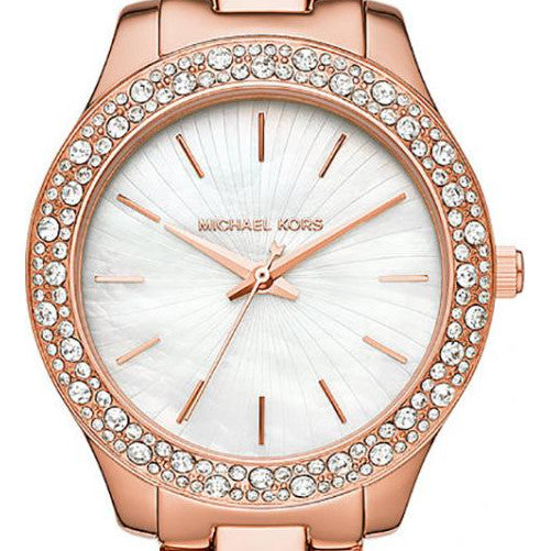  Shop Authentic Michael Kors Lilane Three Hand Mother of Pearl White Dial Rose Gold Steel Strap Watch For Women - MK4557 - Luxxuri