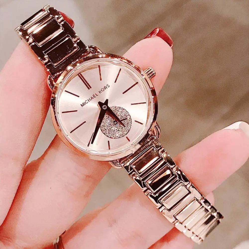  Shop Authentic Michael Kors Portia Analog Quartz Rose Gold Dial Rose Gold Steel Strap Watch For Women - MK3839 - Luxxuri