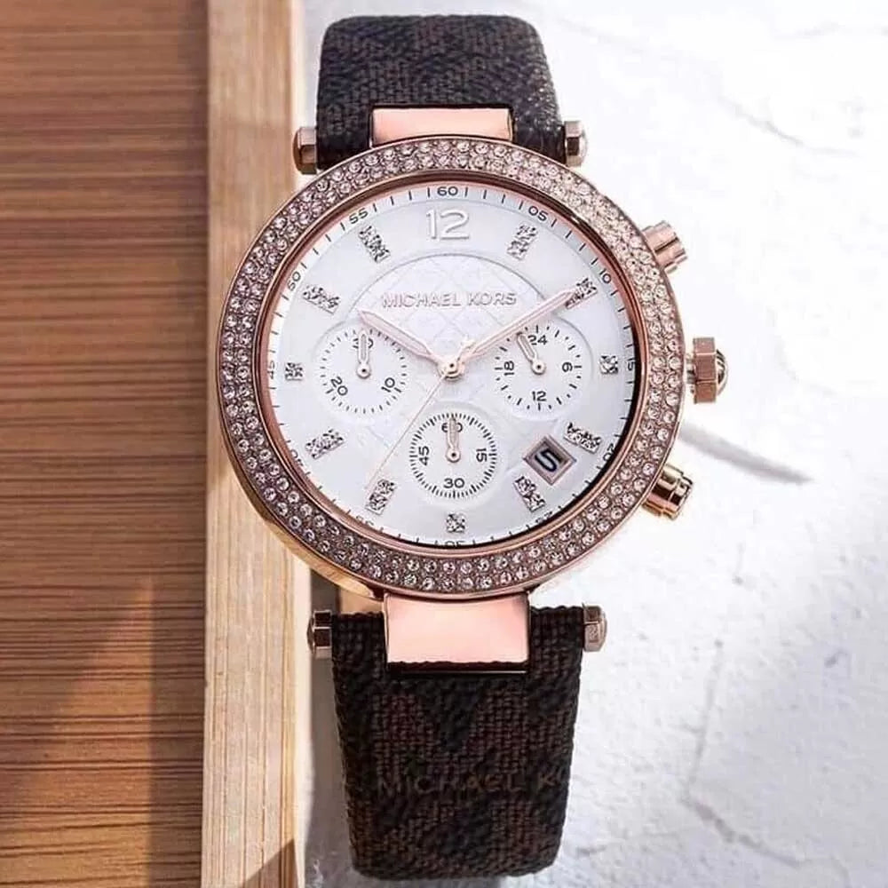  Shop Authentic Michael Kors Parker Chronograph White Dial Brown Leather Strap Watch For Women - MK6917 - Luxxuri
