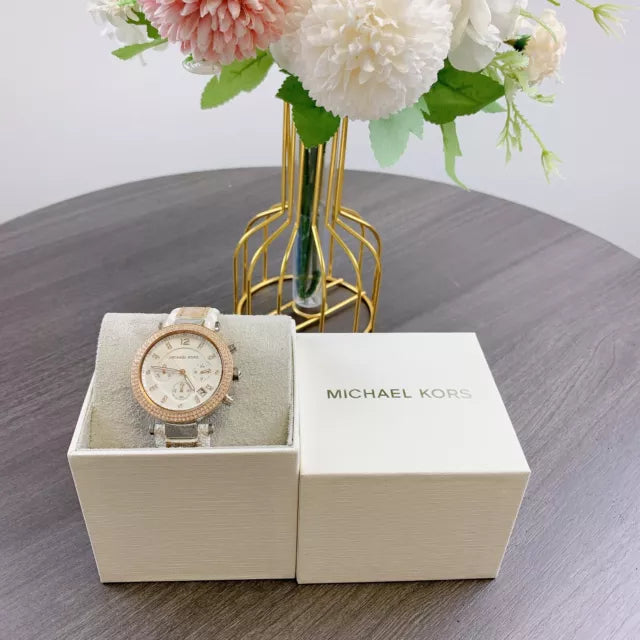  Shop Authentic Michael Kors Parker Chronograph White Dial Two Tone Leather Strap Watch For Women - MK6950 - Luxxuri