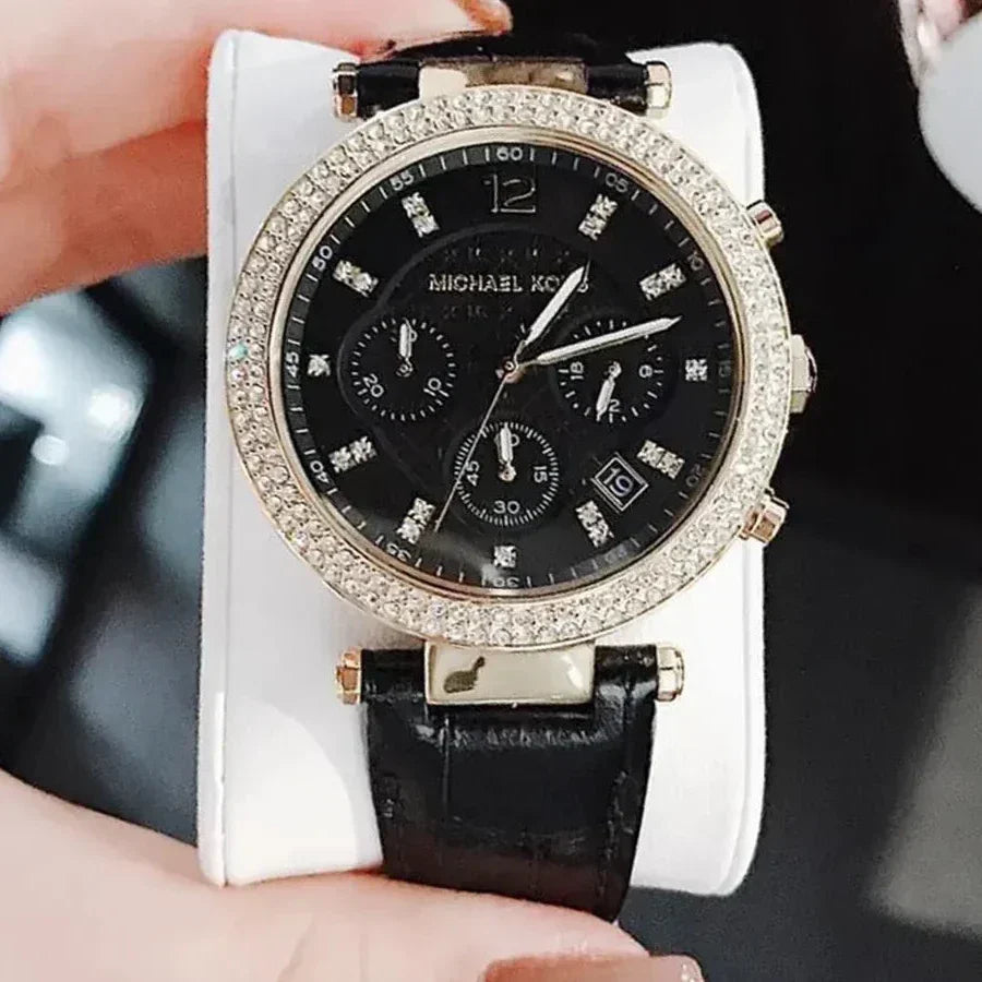  Shop Authentic Michael Kors Parker Chronograph Black Dial Black Leather Strap Watch For Women - MK6984 - Luxxuri