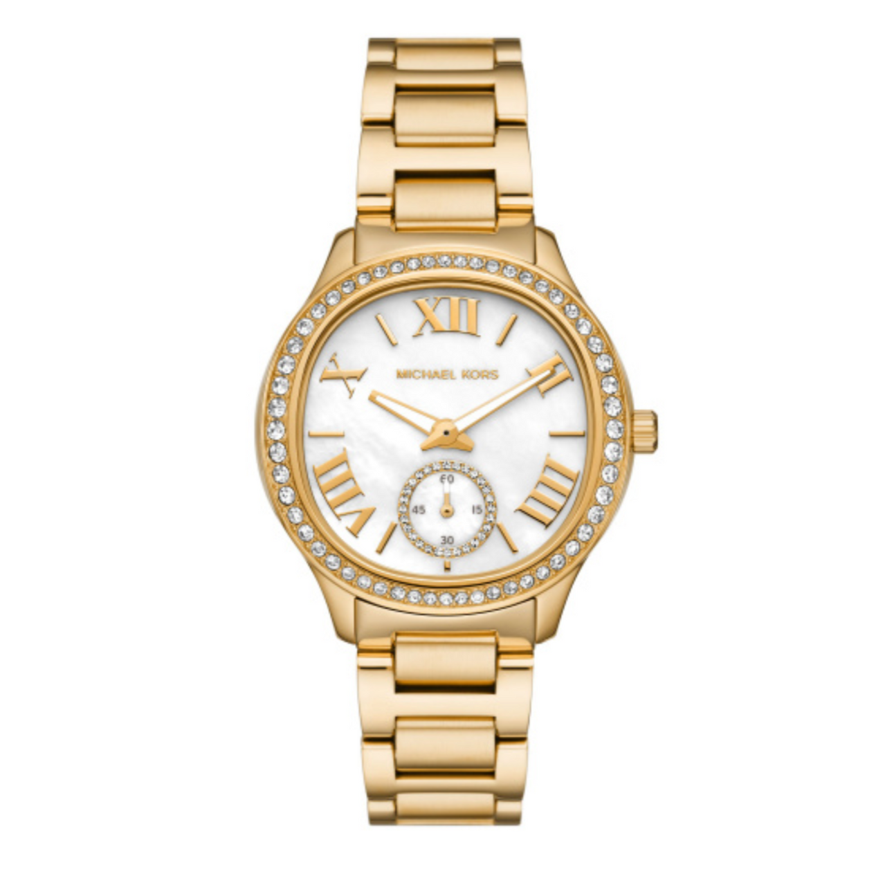  Shop Authentic Michael Kors Sage Three-Hand Mother of Pearl White Dial Gold Steel Strap Watch for Women - MK4805 - Luxxuri