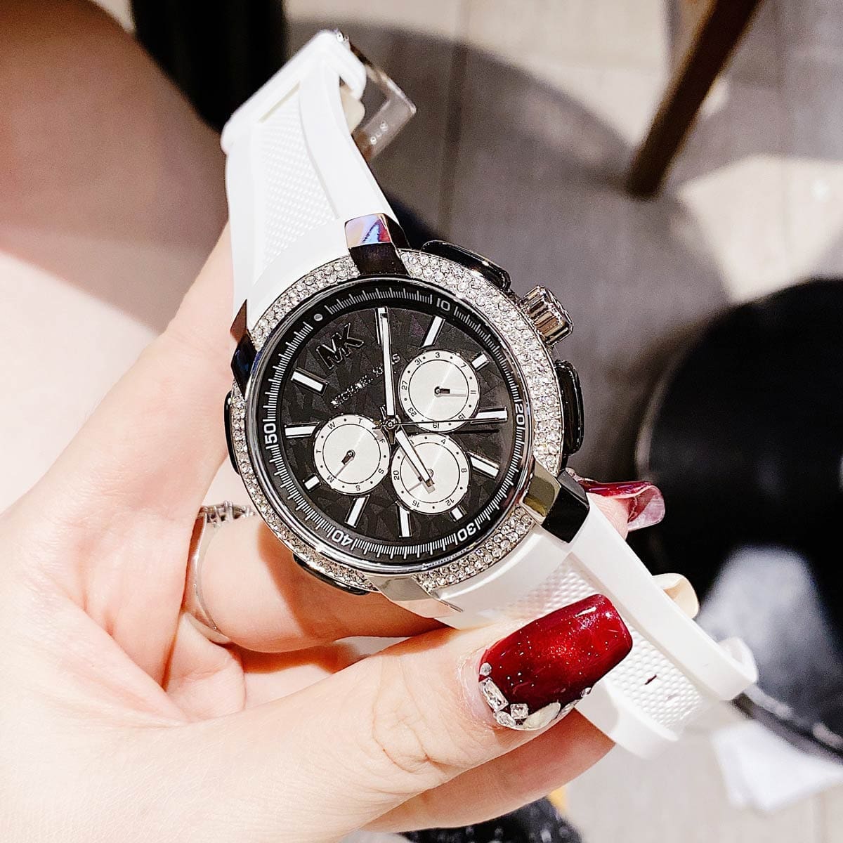  Shop Authentic Michael Kors Sidney Multifunction Black Dial White Silicone Strap Watch For Women - MK6947 - Luxxuri