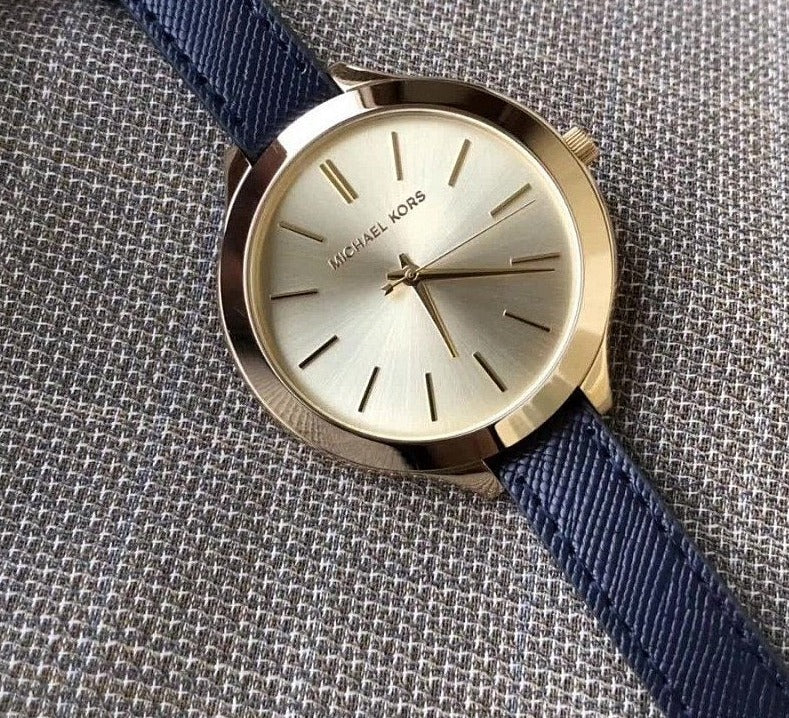  Shop Authentic Michael Kors Runway Quartz Gold Dial Blue Leather Strap Watch For Women - MK2285 - Luxxuri