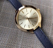  Shop Authentic Michael Kors Runway Quartz Gold Dial Blue Leather Strap Watch For Women - MK2285 - Luxxuri