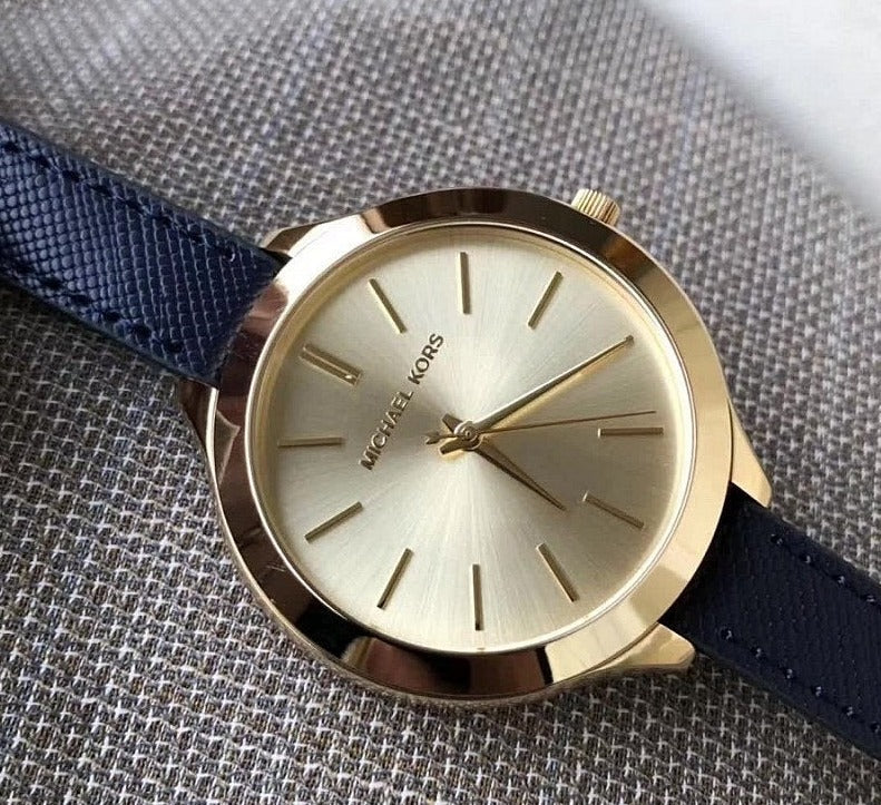  Shop Authentic Michael Kors Runway Quartz Gold Dial Blue Leather Strap Watch For Women - MK2285 - Luxxuri