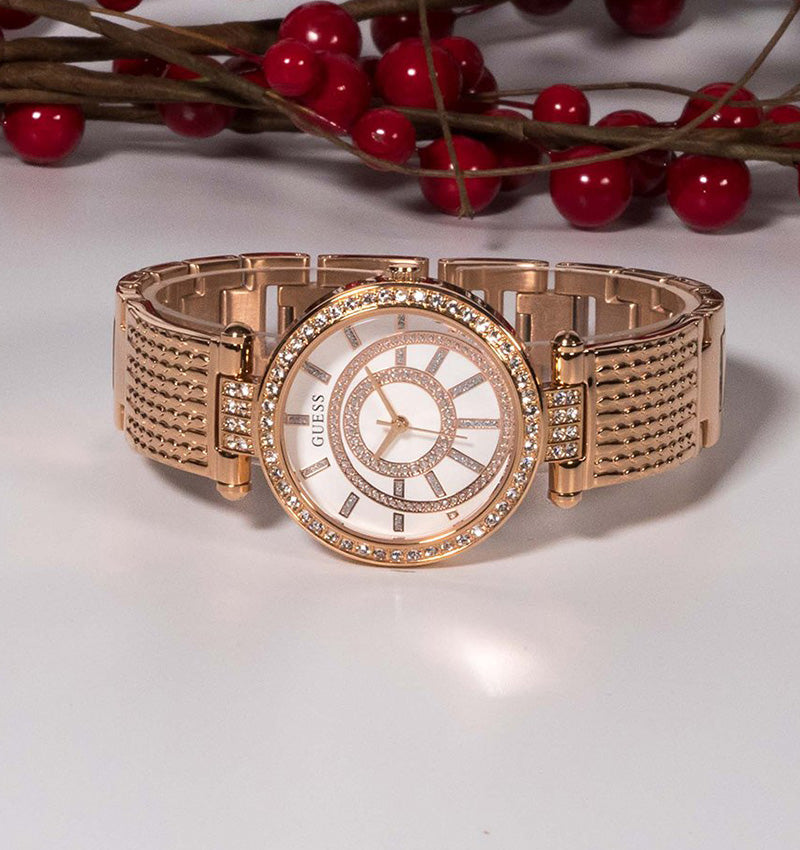  Shop Authentic Guess Muse Quartz Silver Dial Rose Gold Steel Strap Watch For Women - W1008L3 - Luxxuri
